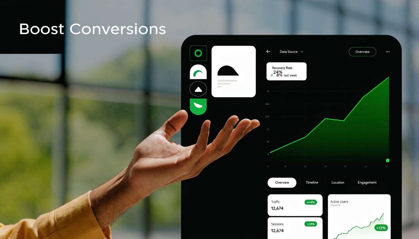 A digital dashboard showing recovery rate metrics and growth analytics held in a person's hand.