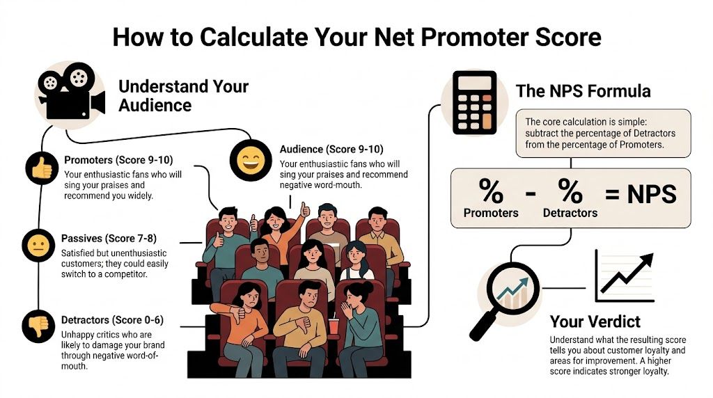 An infographic explaining how to calculate Net Promoter Score using promoters, passives, and detractors categories.