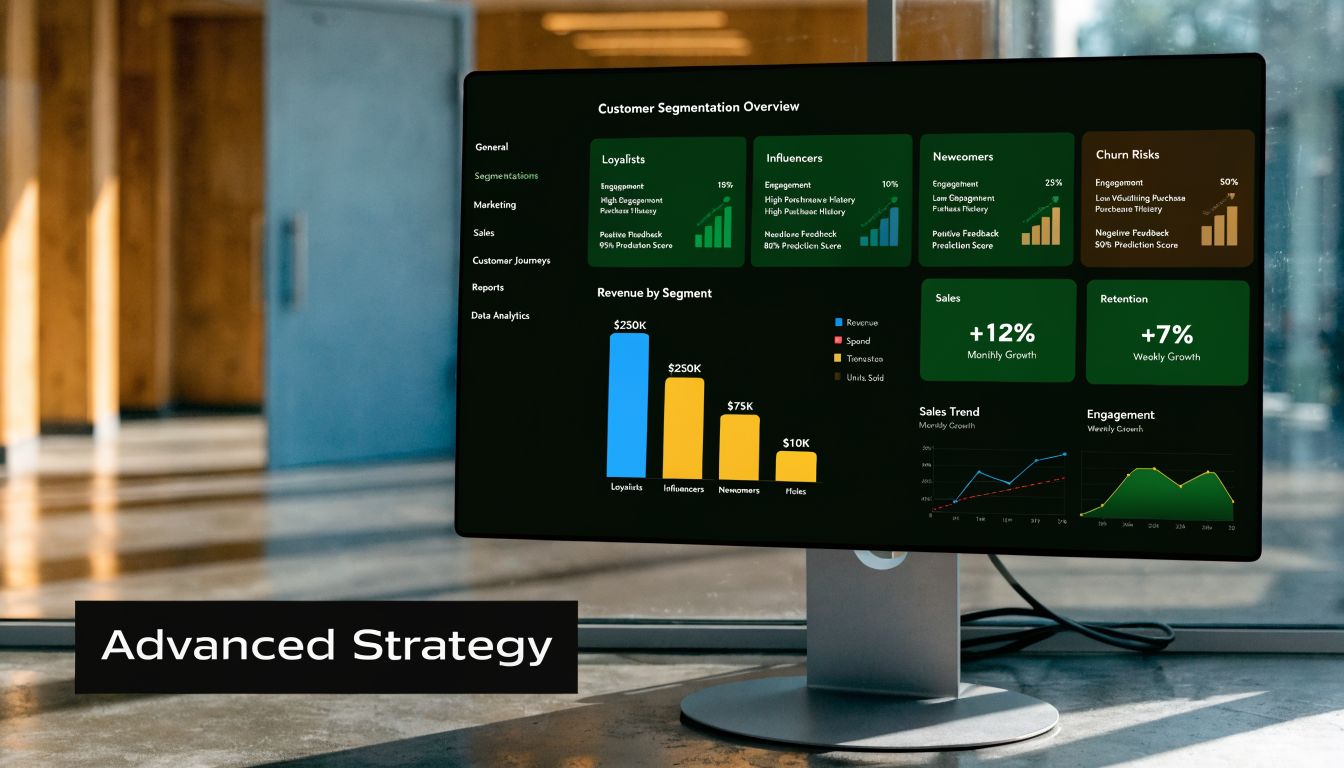 A computer monitor displaying a customer segmentation dashboard with sales trends and analytics in a modern office.