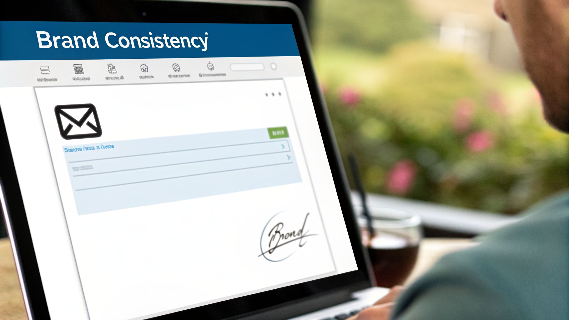 A person using a laptop outdoors, showcasing a screen with 'Brand Consistency', an email icon, and a handwritten signature.