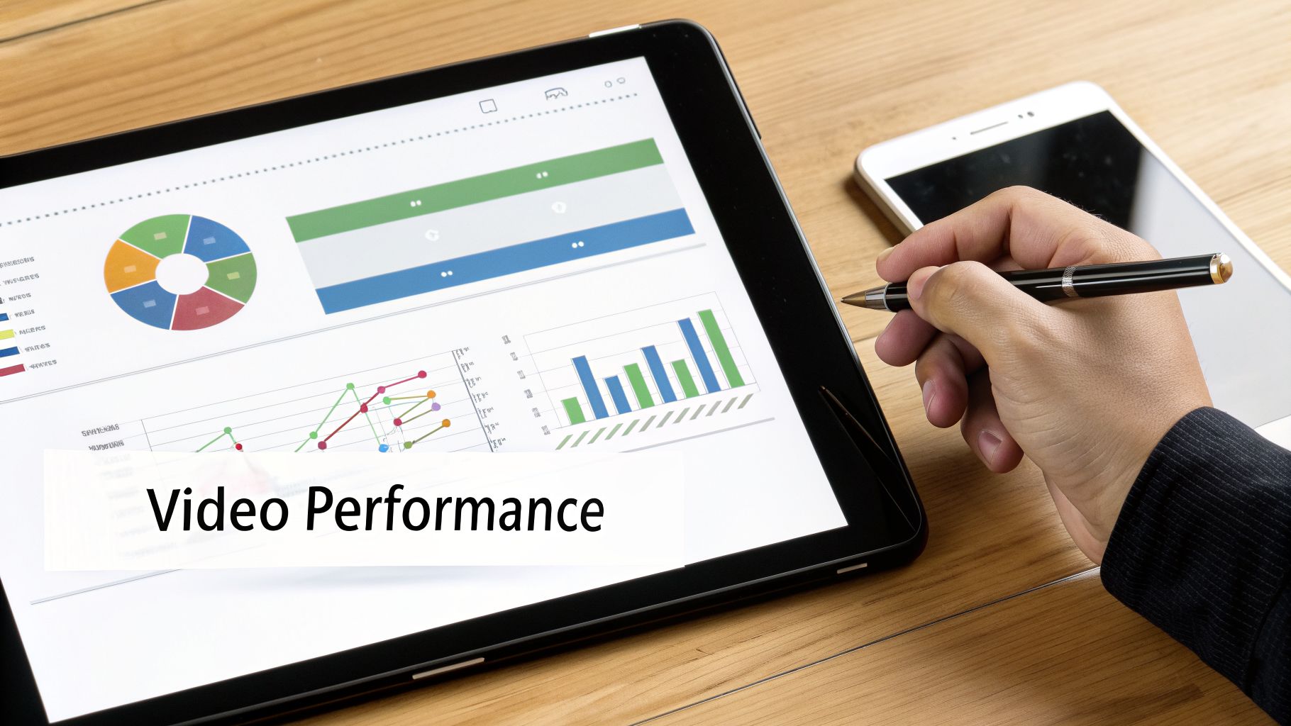 A hand using a pen on a tablet displaying video performance charts and graphs.