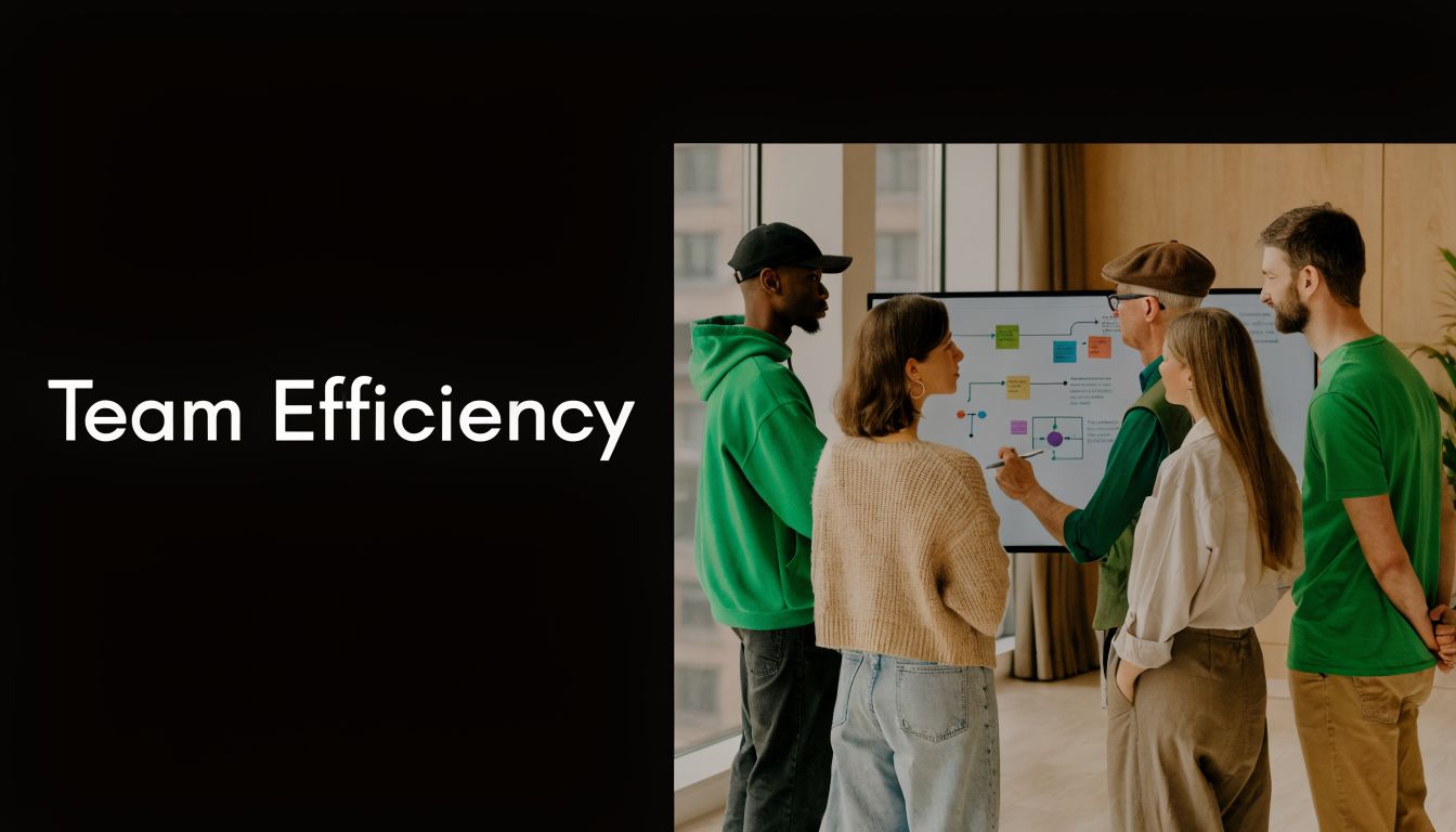 A diverse team of professionals collaborate on a project plan displayed on a digital whiteboard screen.