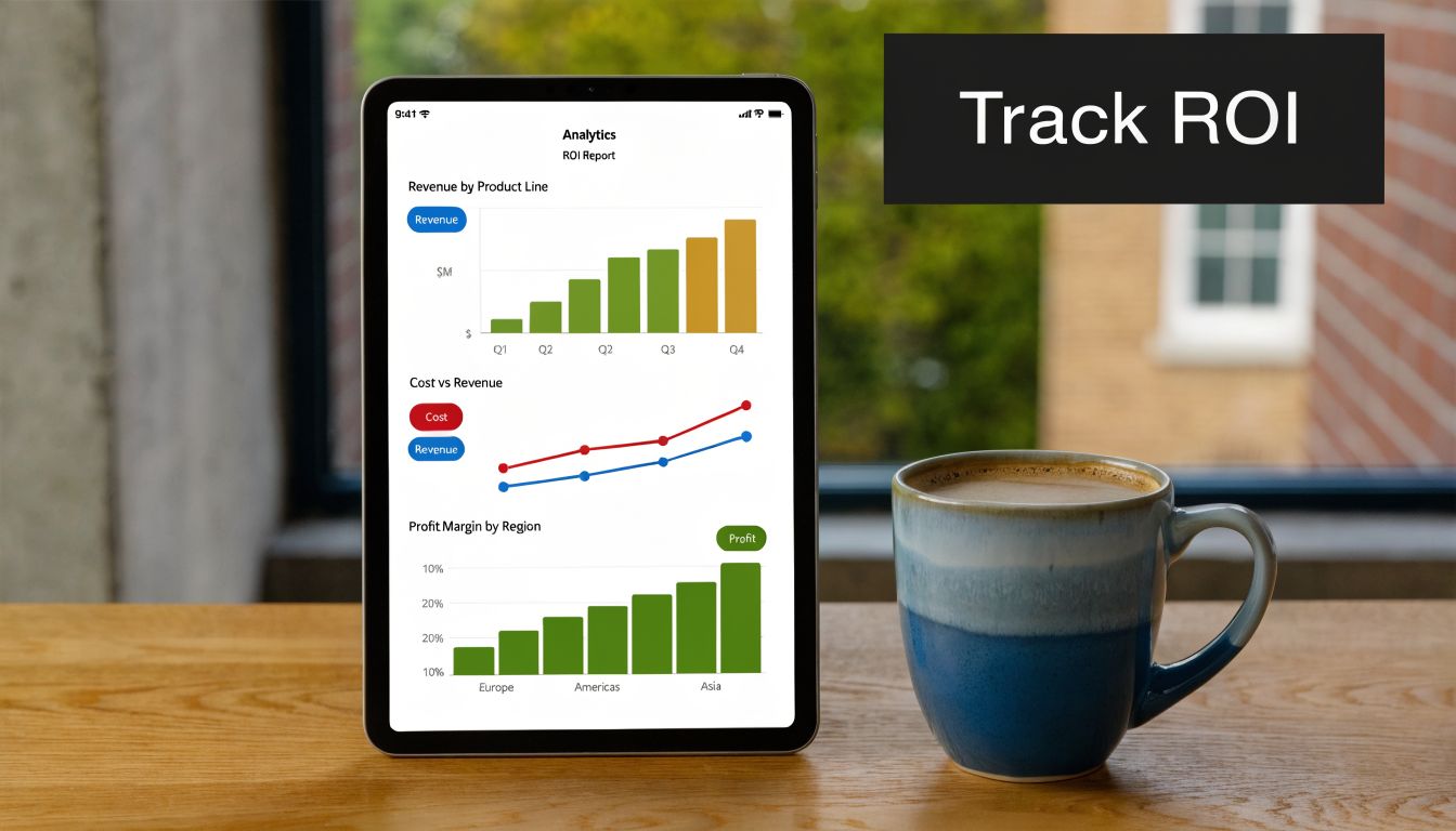 A digital tablet displaying an ROI analytics report with business charts next to a coffee cup.