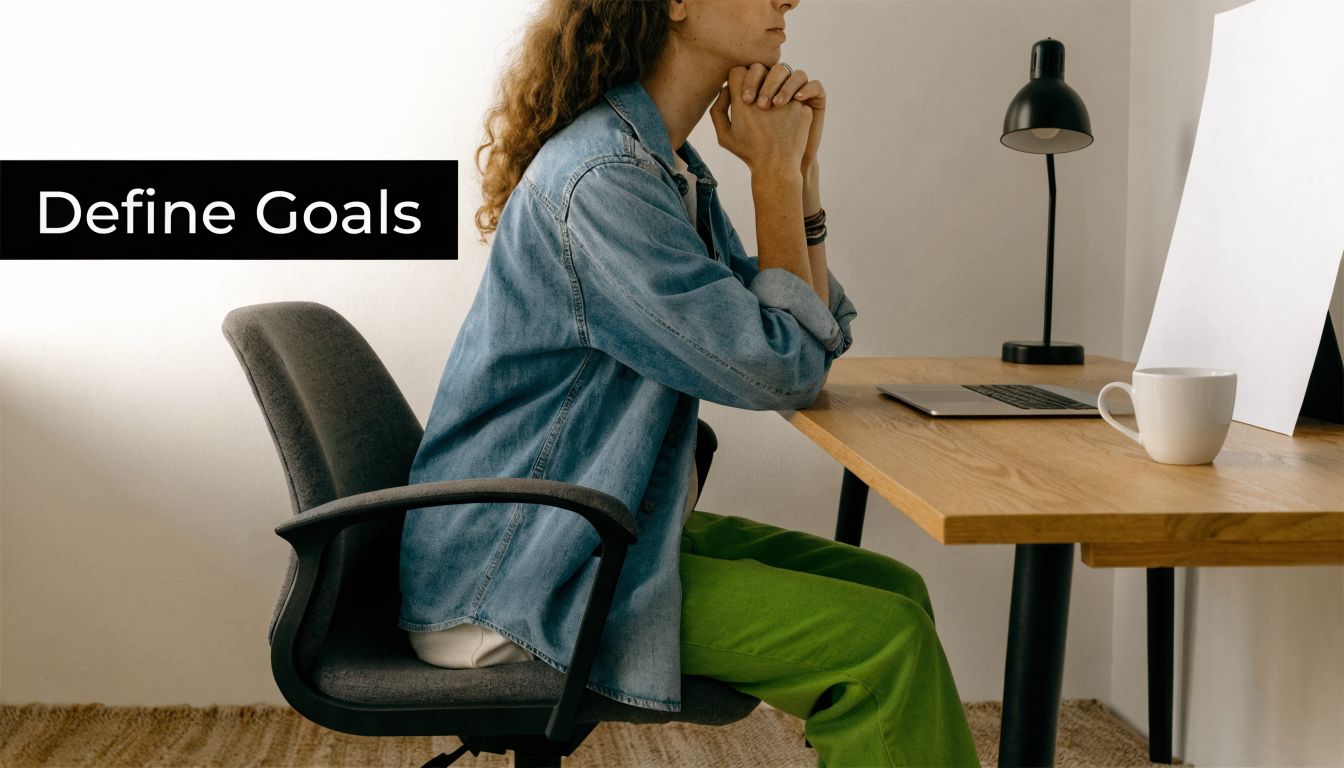 A woman sits at a desk working on a laptop while thinking about her professional goals.