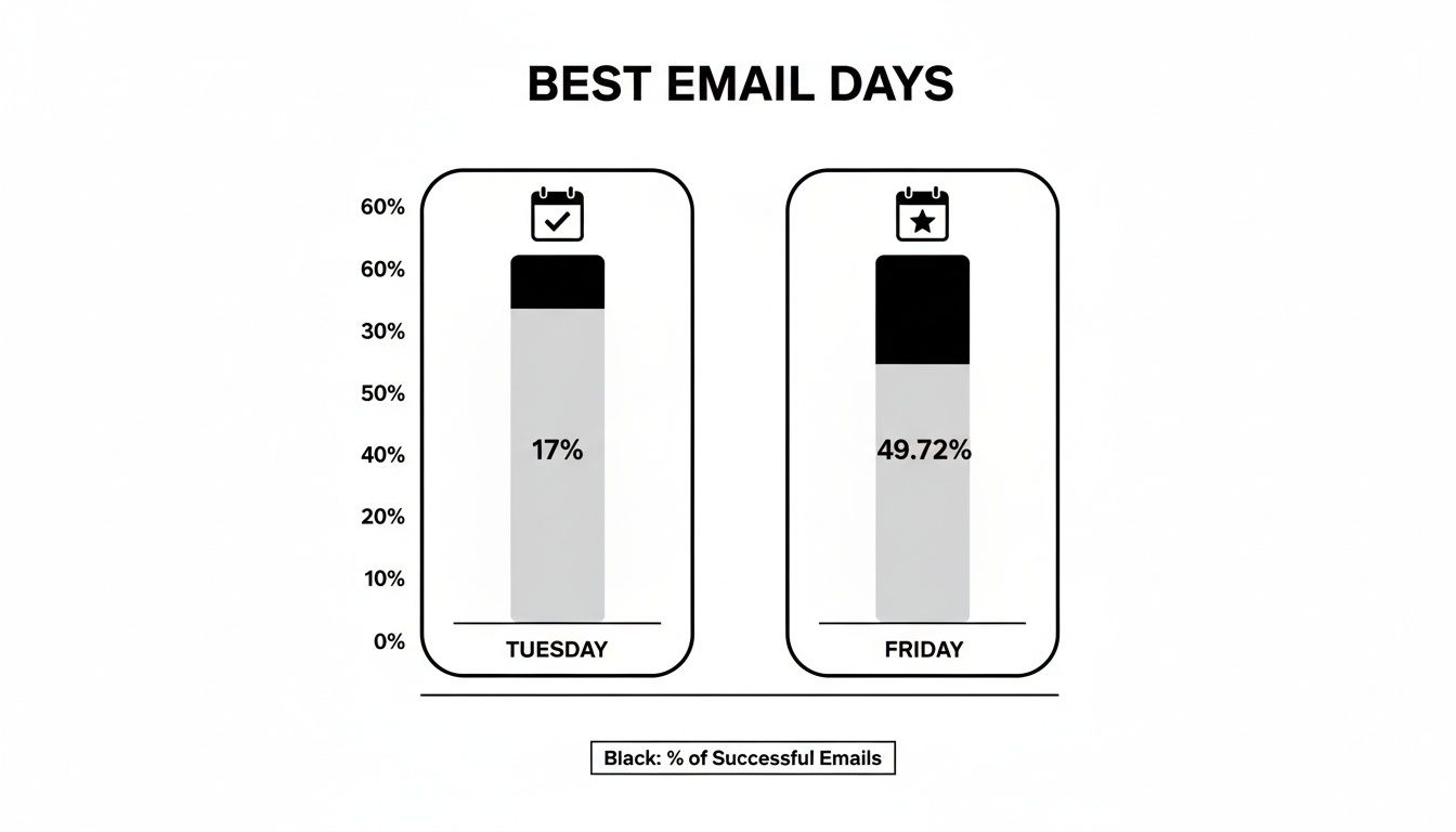 Bar chart showing email success rates: 17% on Tuesday and 49.72% on Friday.