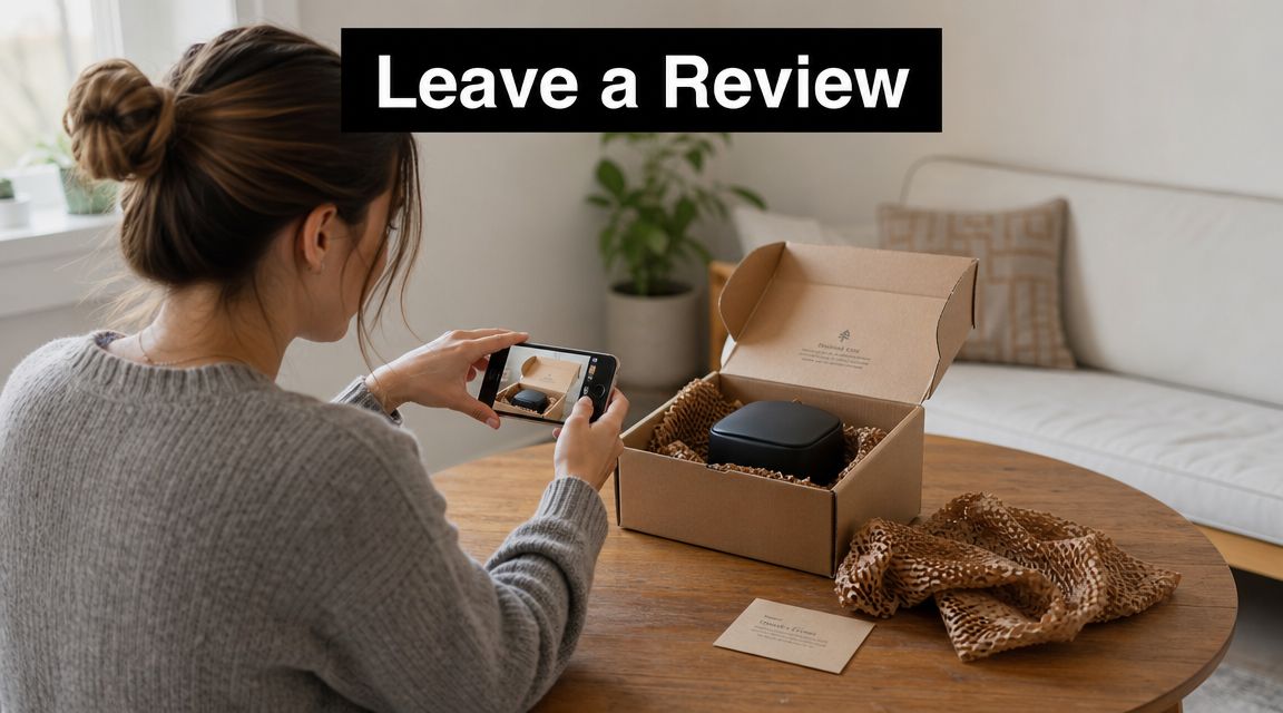 A woman taking a photo of her unboxed product package with a smartphone to leave a review.