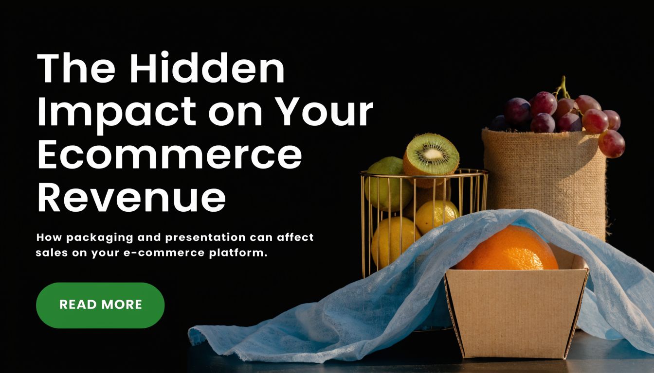 A professional article thumbnail featuring fresh fruits in decorative packaging with text about e-commerce revenue.