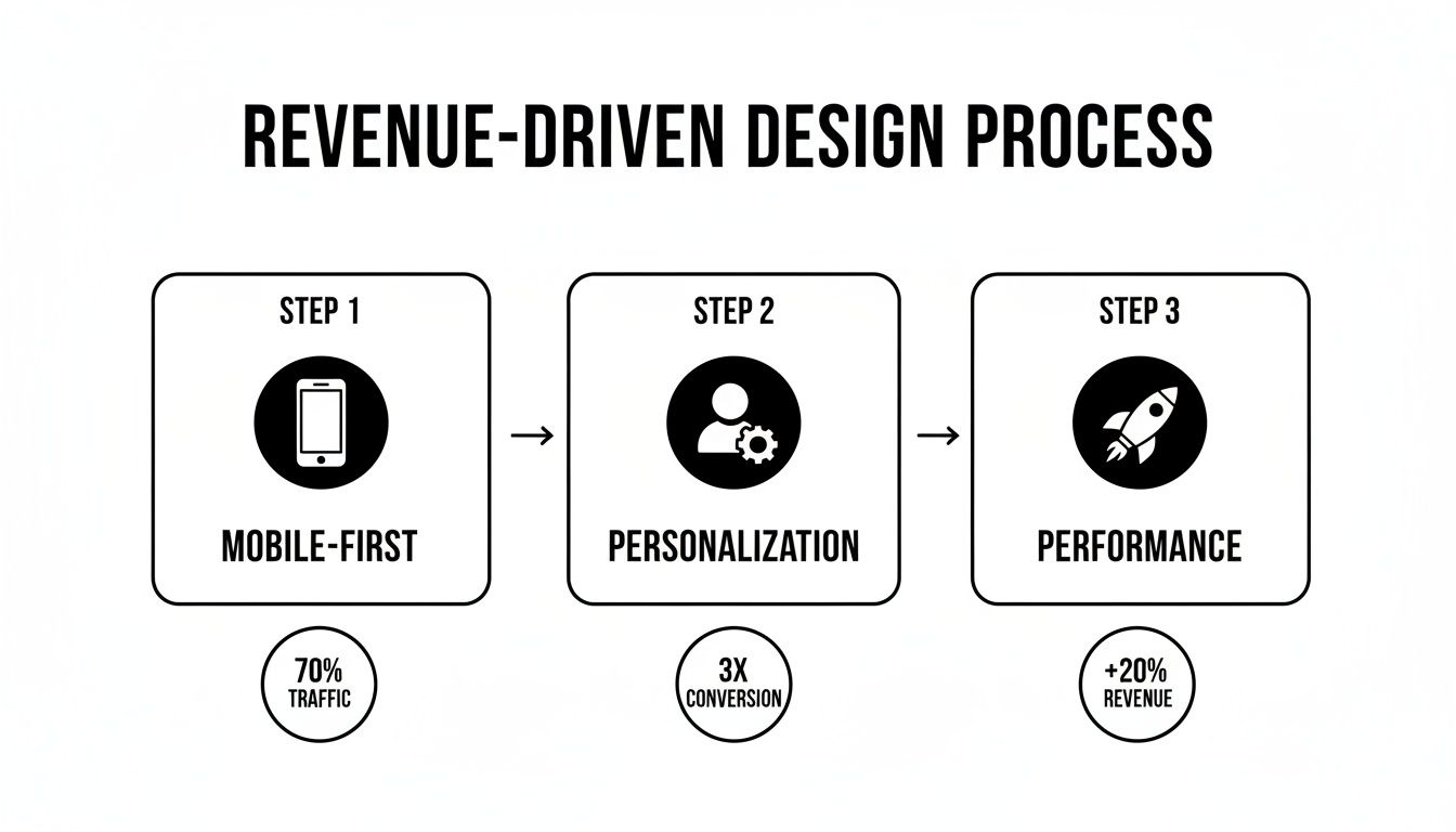 Diagram illustrating a revenue-driven design process with three steps: Mobile-First, Personalization, and Performance.