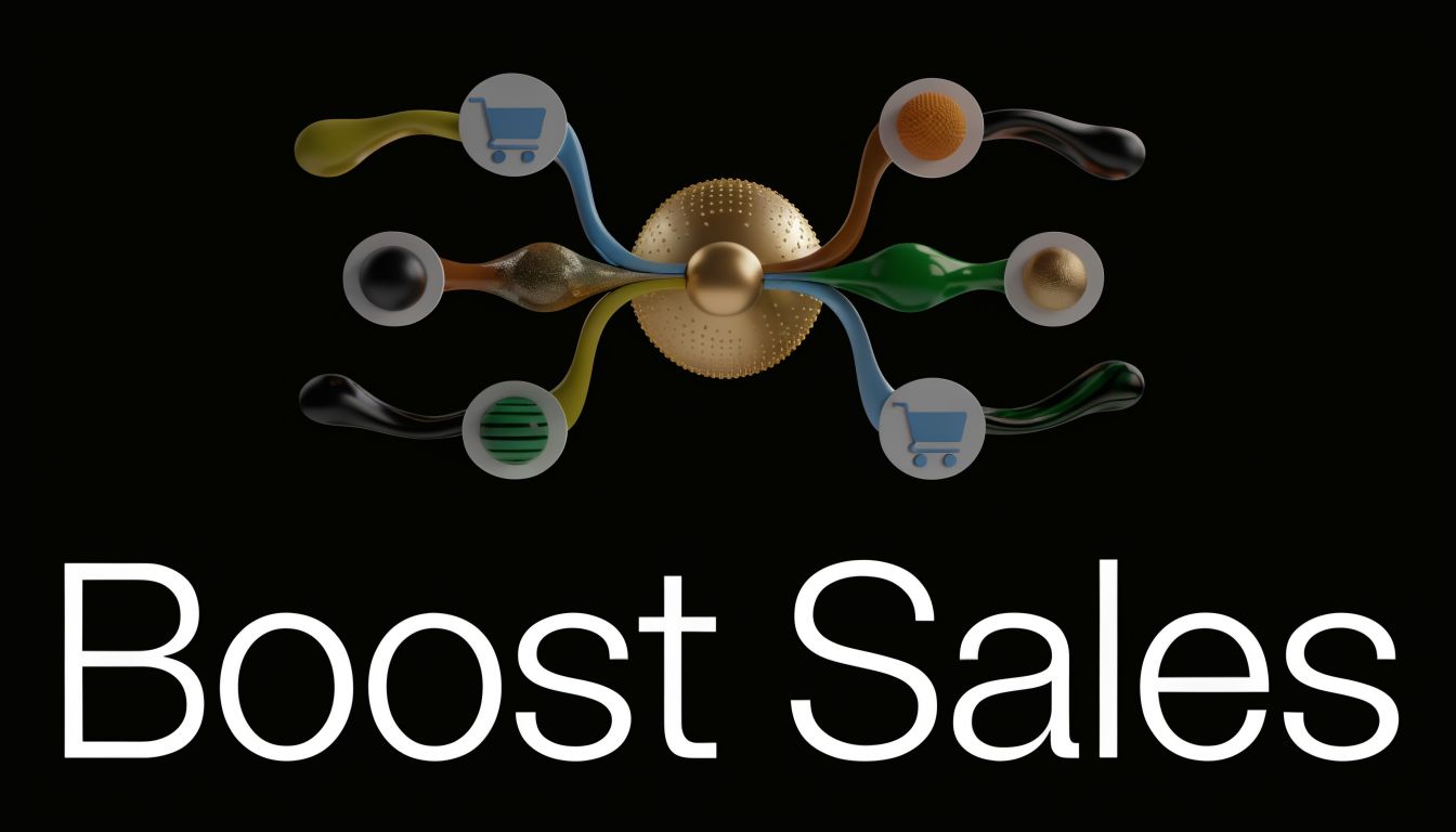 A 3D graphic showing a central sphere connected to various icons and abstract shapes with text Boost Sales.