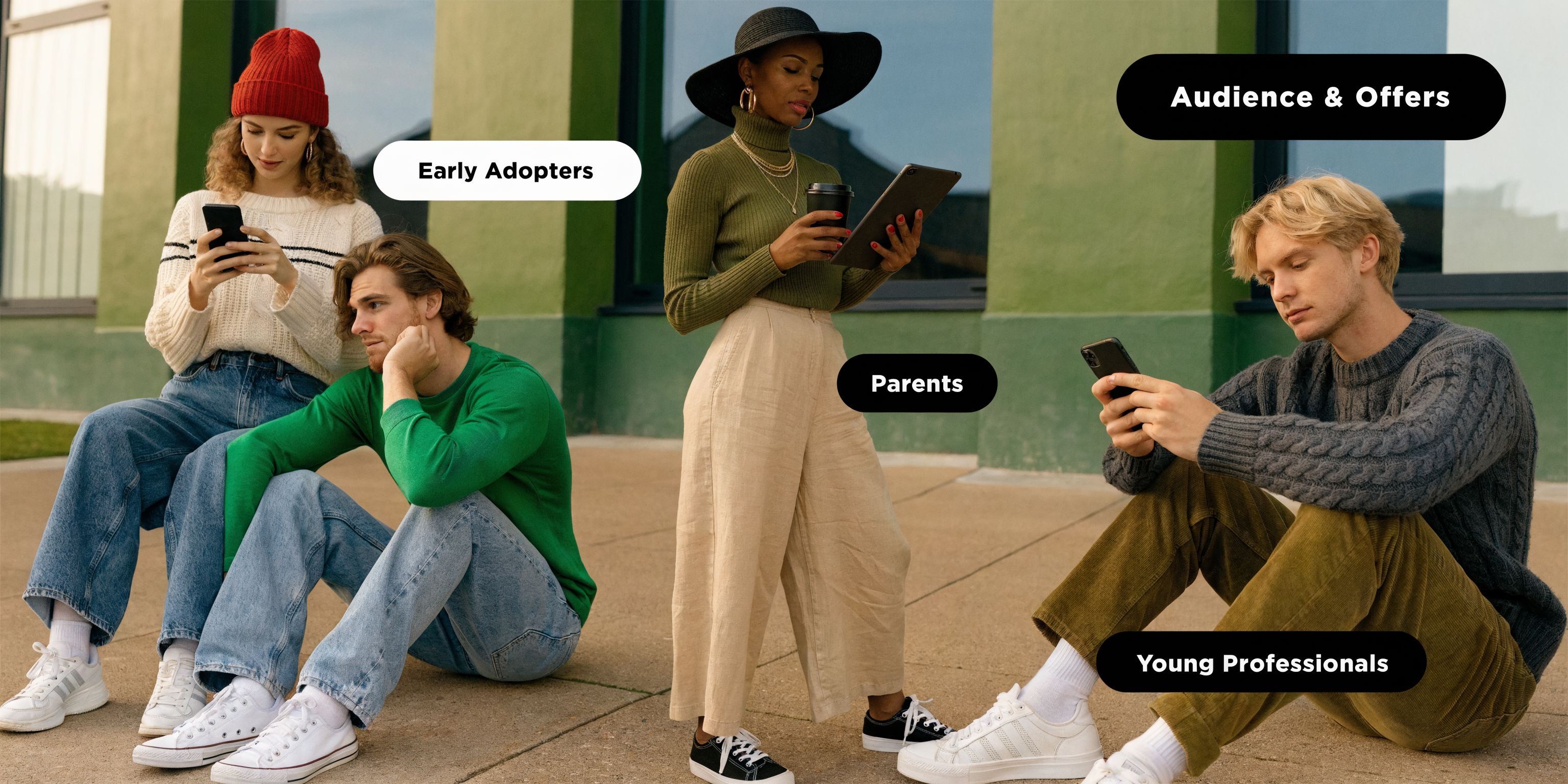A diverse group of four young adults looking at mobile devices and tablets while outdoors.