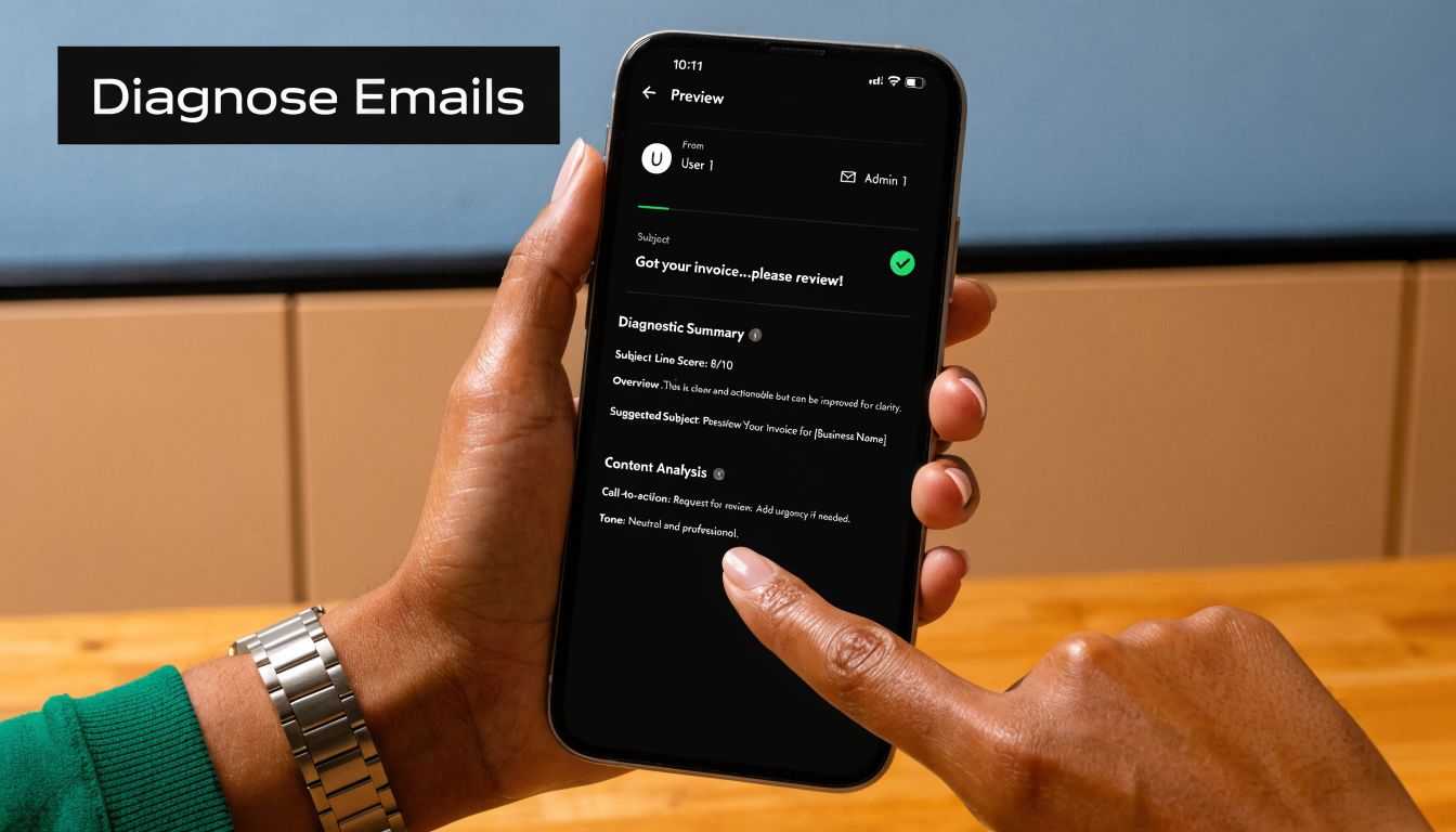 A person holds a smartphone showing an email diagnostic tool reviewing an invoice email subject line.
