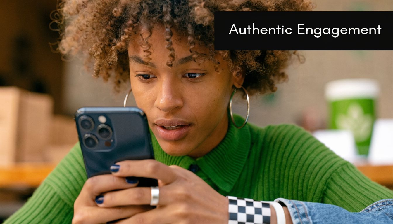 A young woman with curly hair looking focused while using her smartphone in a cafe environment.