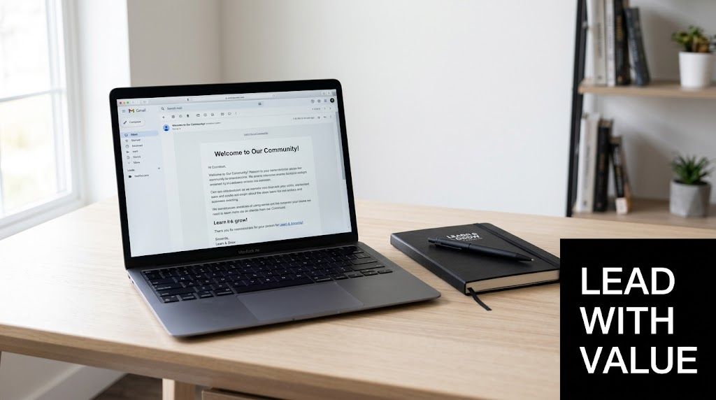 A sleek MacBook Air displaying a welcome email on a desk next to a notebook and pen.