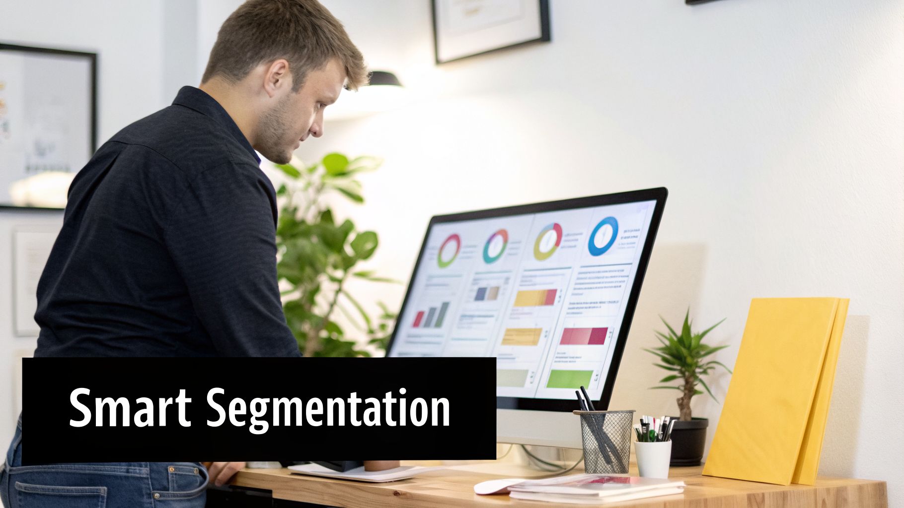 A man analyzing data charts and graphs on a computer screen, with 'Smart Segmentation' text.