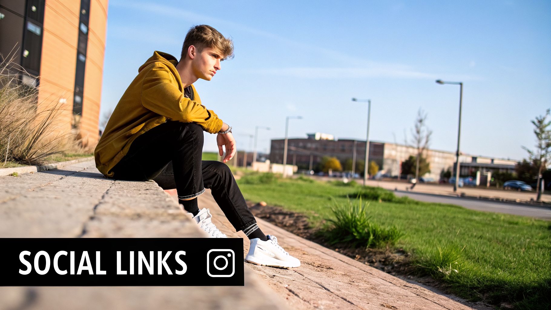 A young man in a yellow hoodie sits on a concrete ledge outdoors, looking thoughtfully to the right.