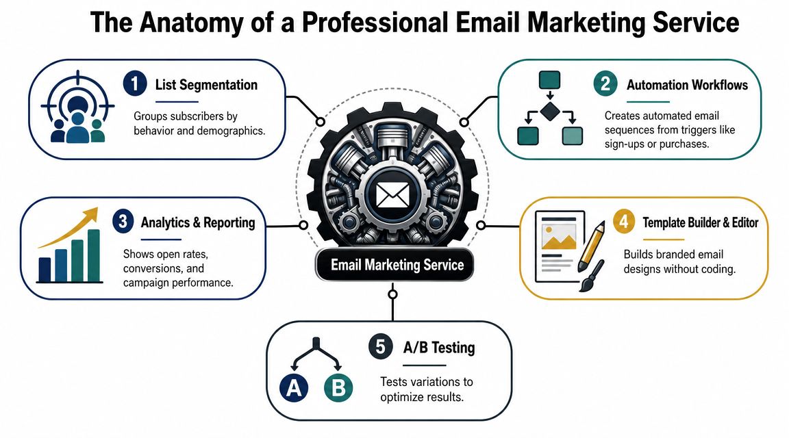 A diagram illustrating the five core components of a professional email marketing service, including automation and analytics.