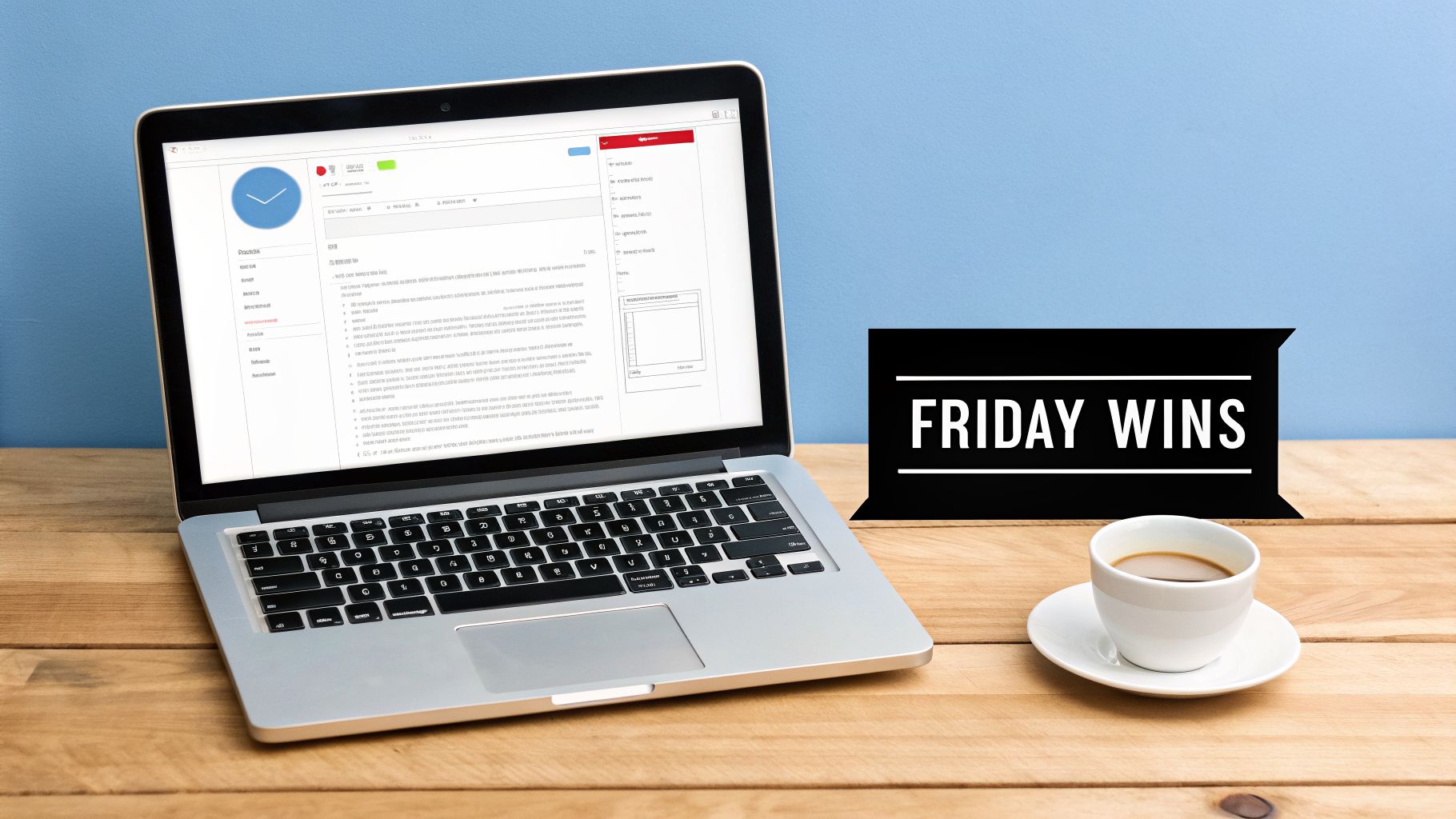 A laptop on a wooden desk displays a website, next to a 'FRIDAY WINS' banner and coffee.