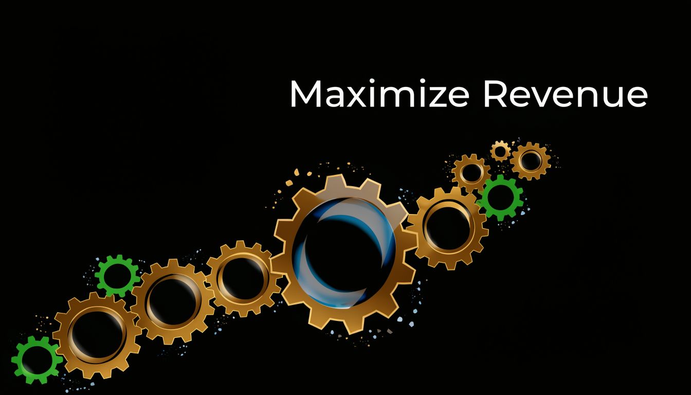 A digital graphic featuring golden and green gears on a black background under text saying Maximize Revenue.