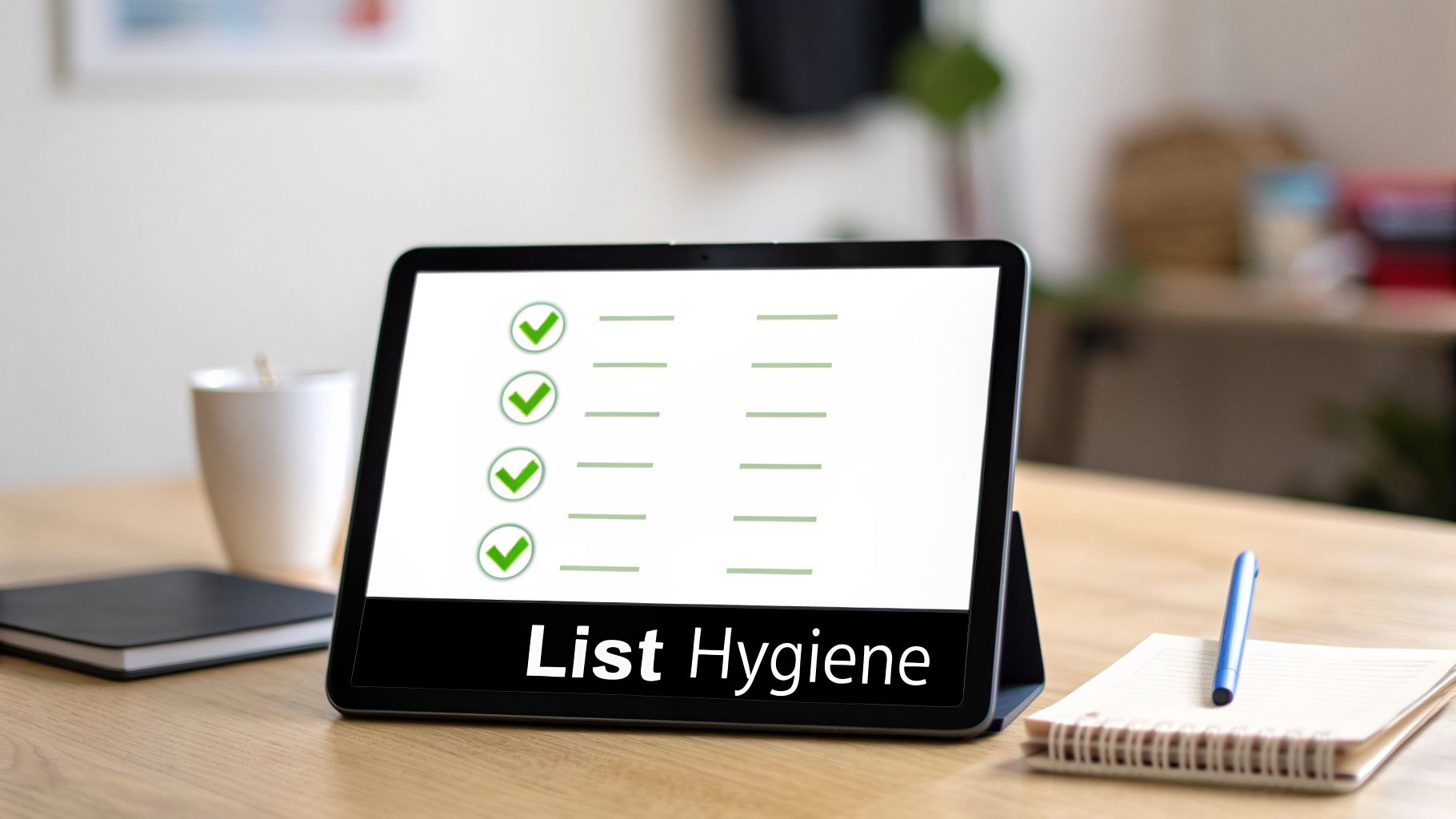 A tablet on a wooden desk displays a 'List Hygiene' checklist with green checkmarks.