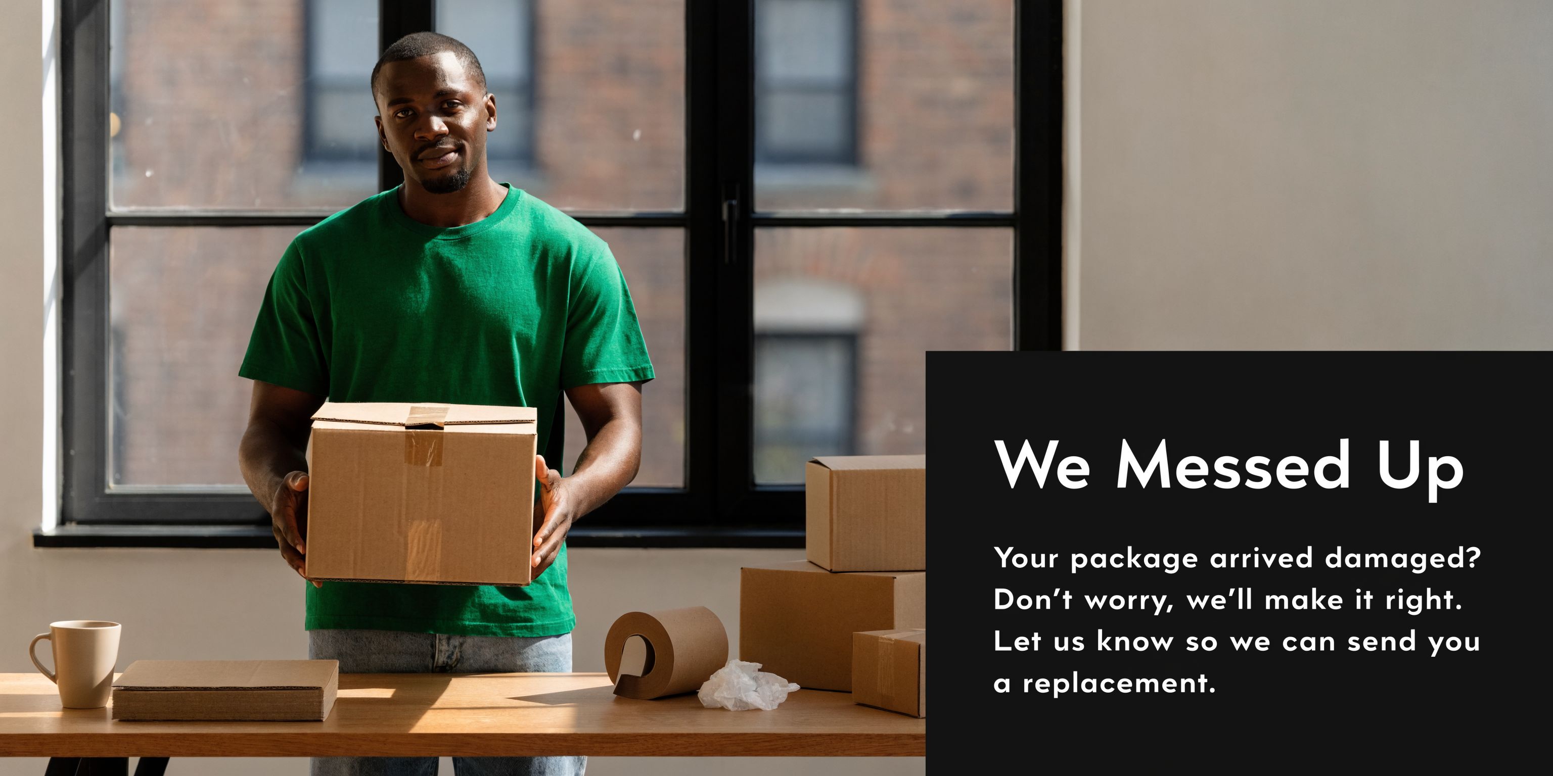 A man in a green shirt holding a shipping box with text overlay about damaged packages.