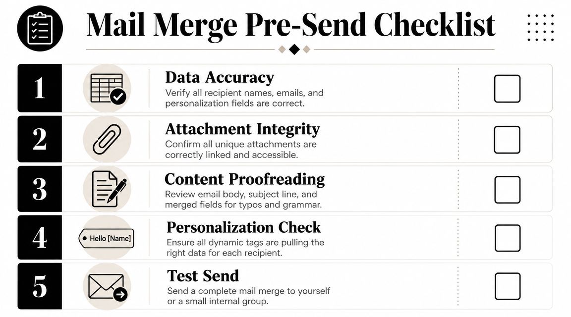A five-step professional checklist for verifying and proofreading mail merge emails before sending them to recipients.