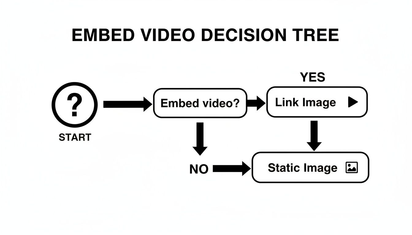 A decision tree illustrating options for embedding a video, directing to link an image or use a static image.