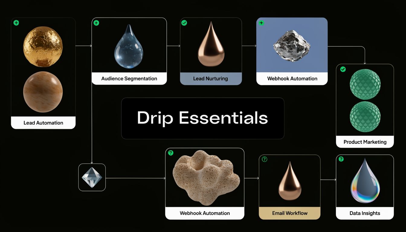 A visual flow chart titled Drip Essentials, showing various stages of automated marketing and email workflows.