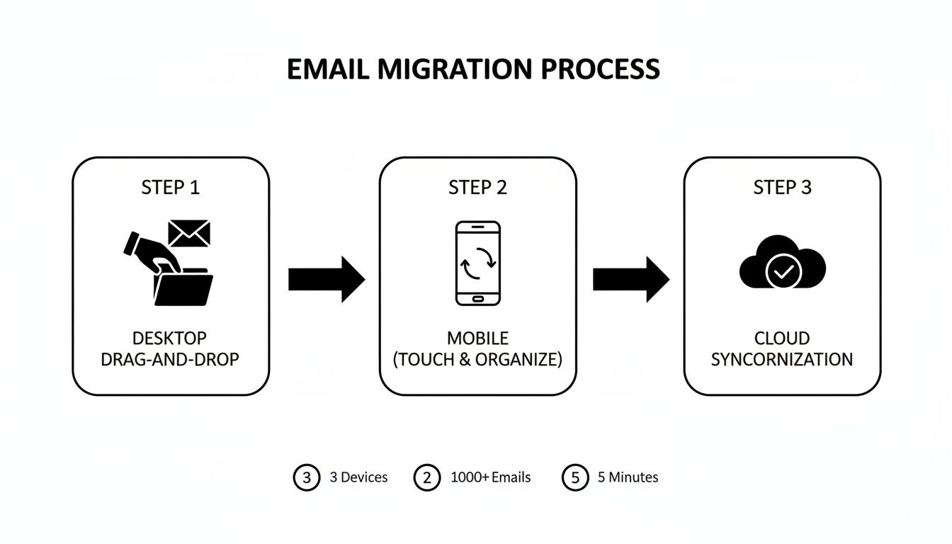 Diagram illustrating a three-step email migration process: desktop, mobile, and cloud synchronization.