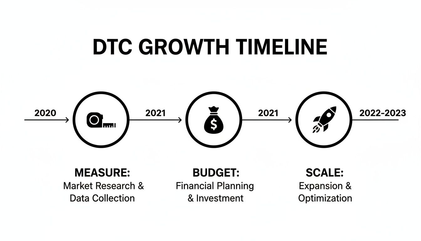 DTC growth timeline illustrating Measure, Budget, and Scale stages from 2020 to 2023.