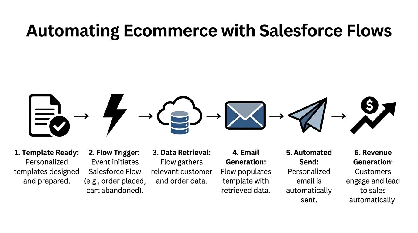 A six-step diagram illustrating the process of automating ecommerce email communication using Salesforce Flows from template to revenue.