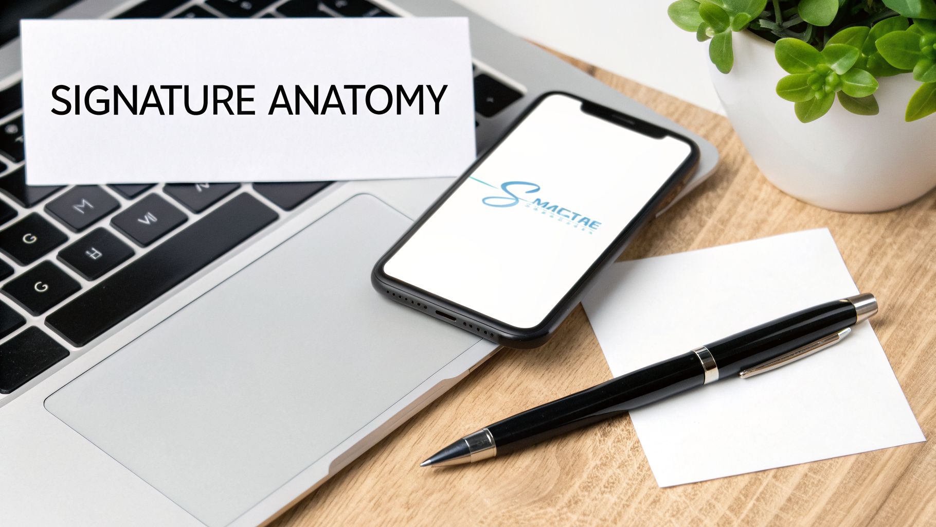 A business desk with a laptop, "SIGNATURE ANATOMY" card, smartphone, pen, and a green plant.
