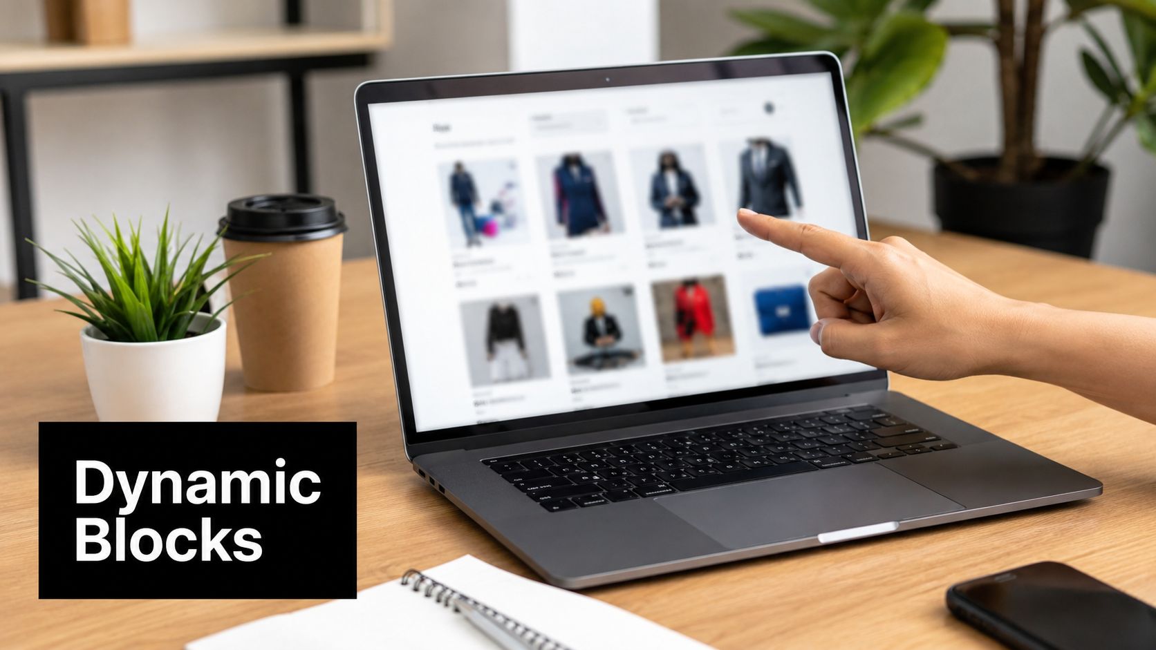 A person pointing at a laptop screen displaying a clothing store website while working at a desk.