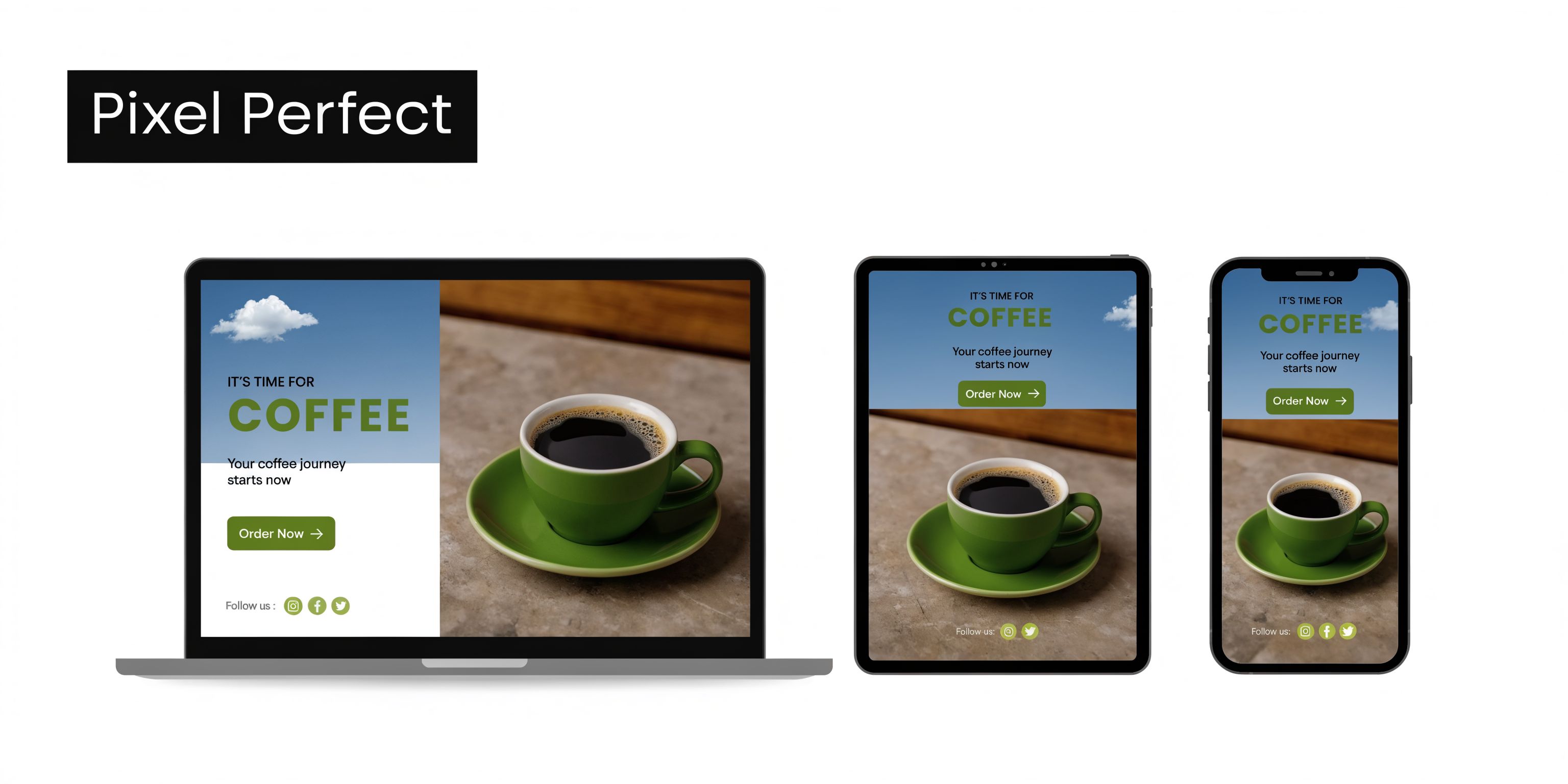 Responsive email header design templates displayed on laptop, tablet, and smartphone screens for coffee brand marketing.