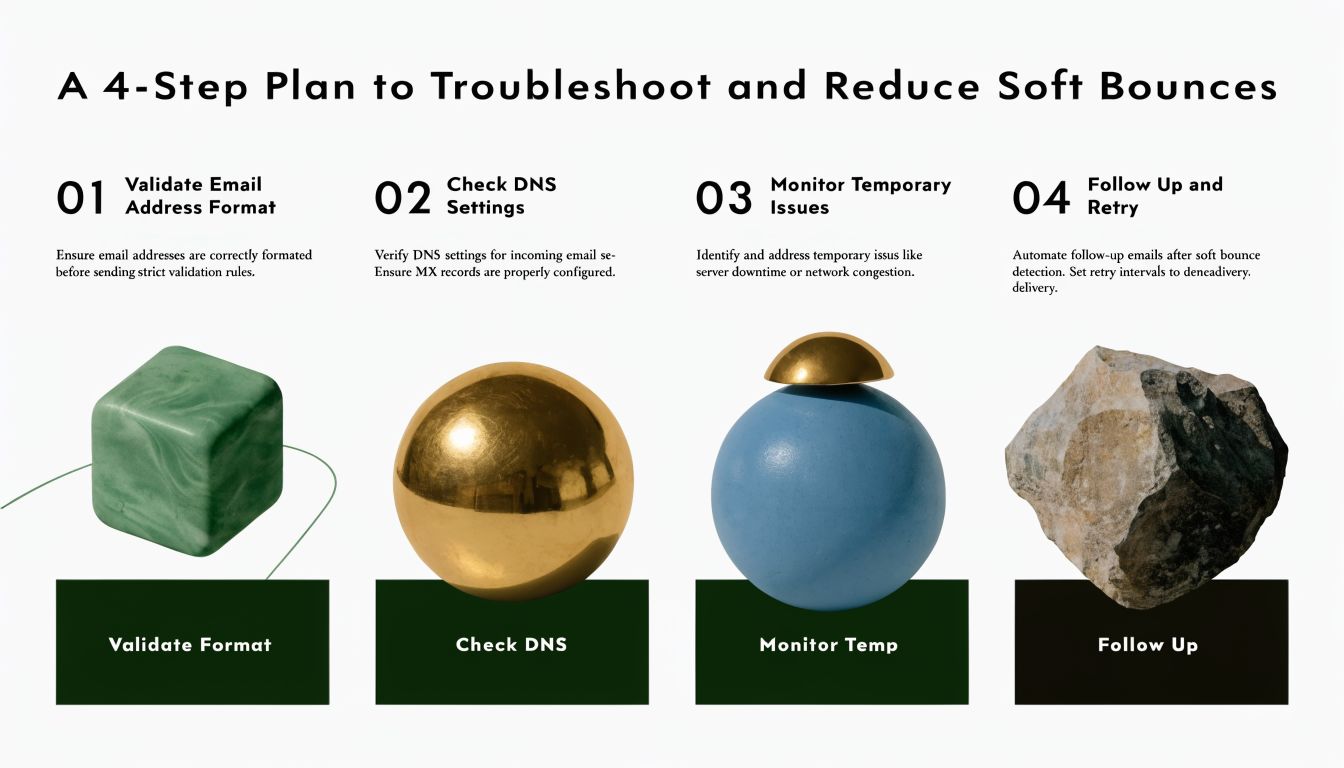 A four-step plan illustration for troubleshooting and reducing email soft bounces with descriptive text and abstract geometric shapes.
