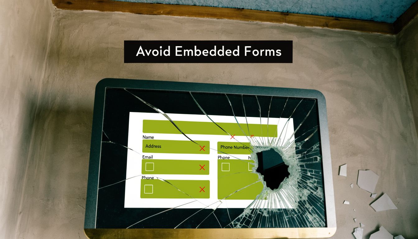 A broken digital screen displaying a contact form with red X marks, captioned with avoid embedded forms.
