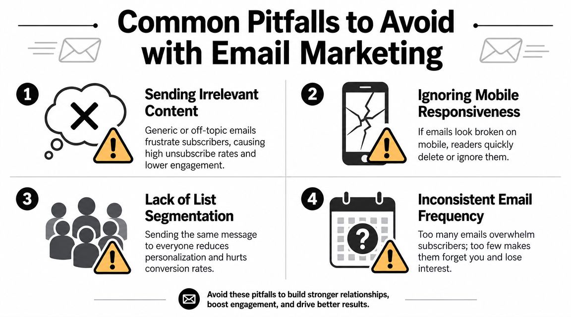 An infographic listing four common email marketing pitfalls to avoid, including irrelevant content and inconsistent frequency.
