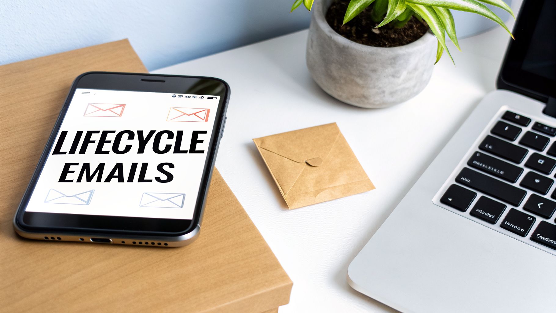 A smartphone displays 'LIFECYCLE EMAILS' with email icons on a desk with a laptop and plant.