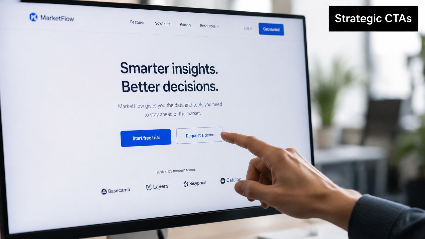 A hand pointing at the Request a demo call to action button on a business software website.