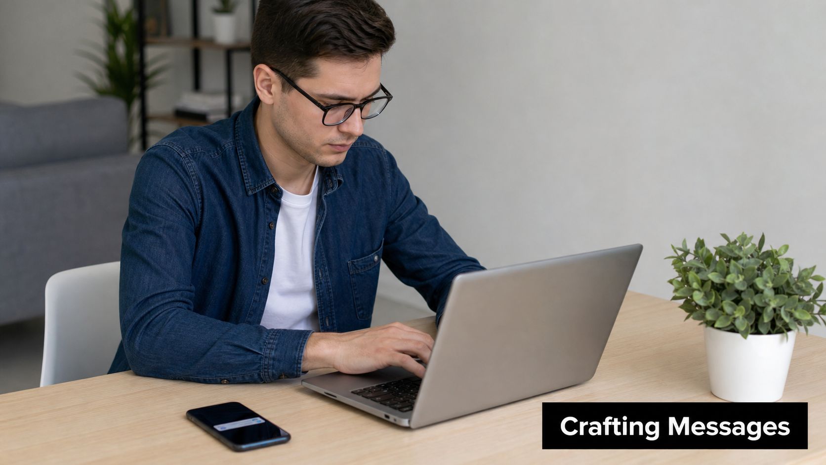 A young man wearing glasses works on his laptop at a wooden desk with a phone nearby.