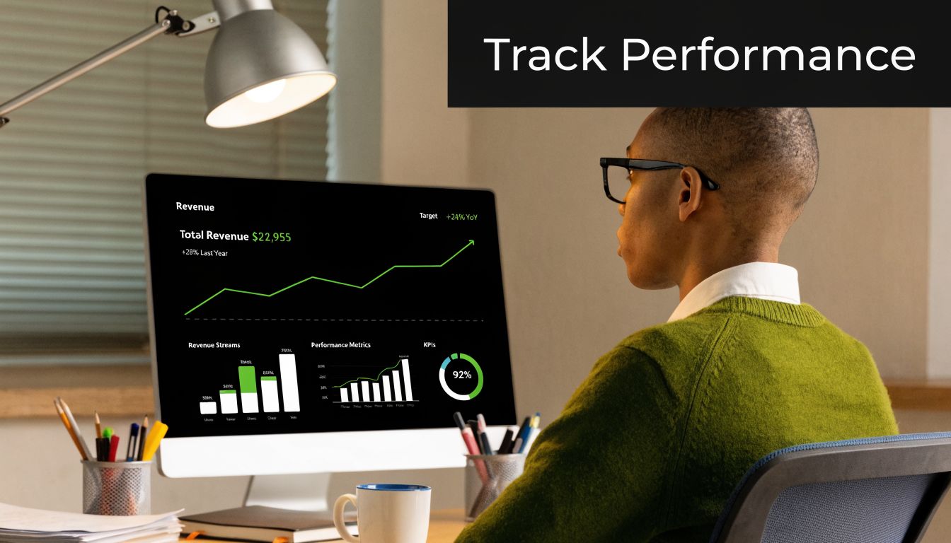 A professional analyzing business performance data and financial growth metrics on a computer screen in an office.