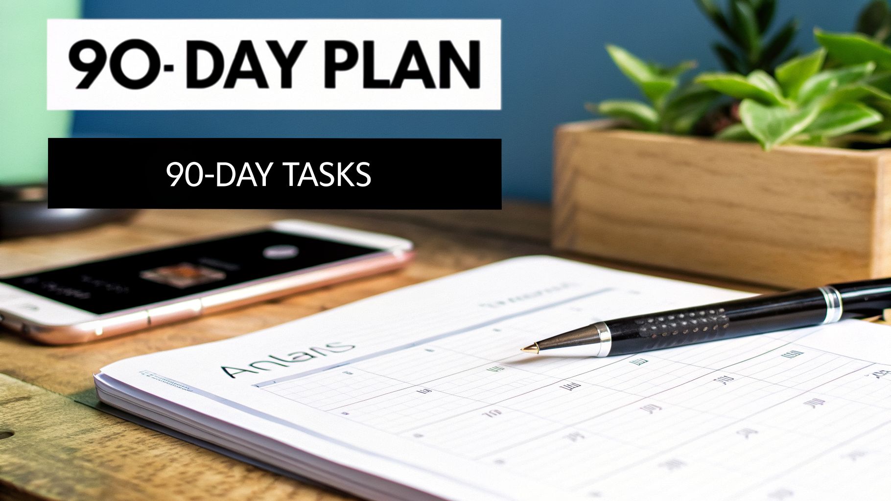A desk scene with a "90-DAY PLAN" and "90-DAY TASKS" banner, alongside a planner, pen, and smartphone.