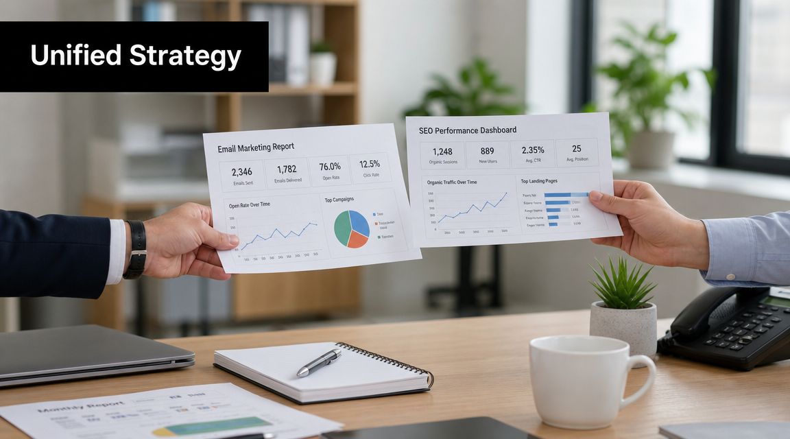 Two people holding professional marketing reports showing email performance and SEO analytics over an office desk.