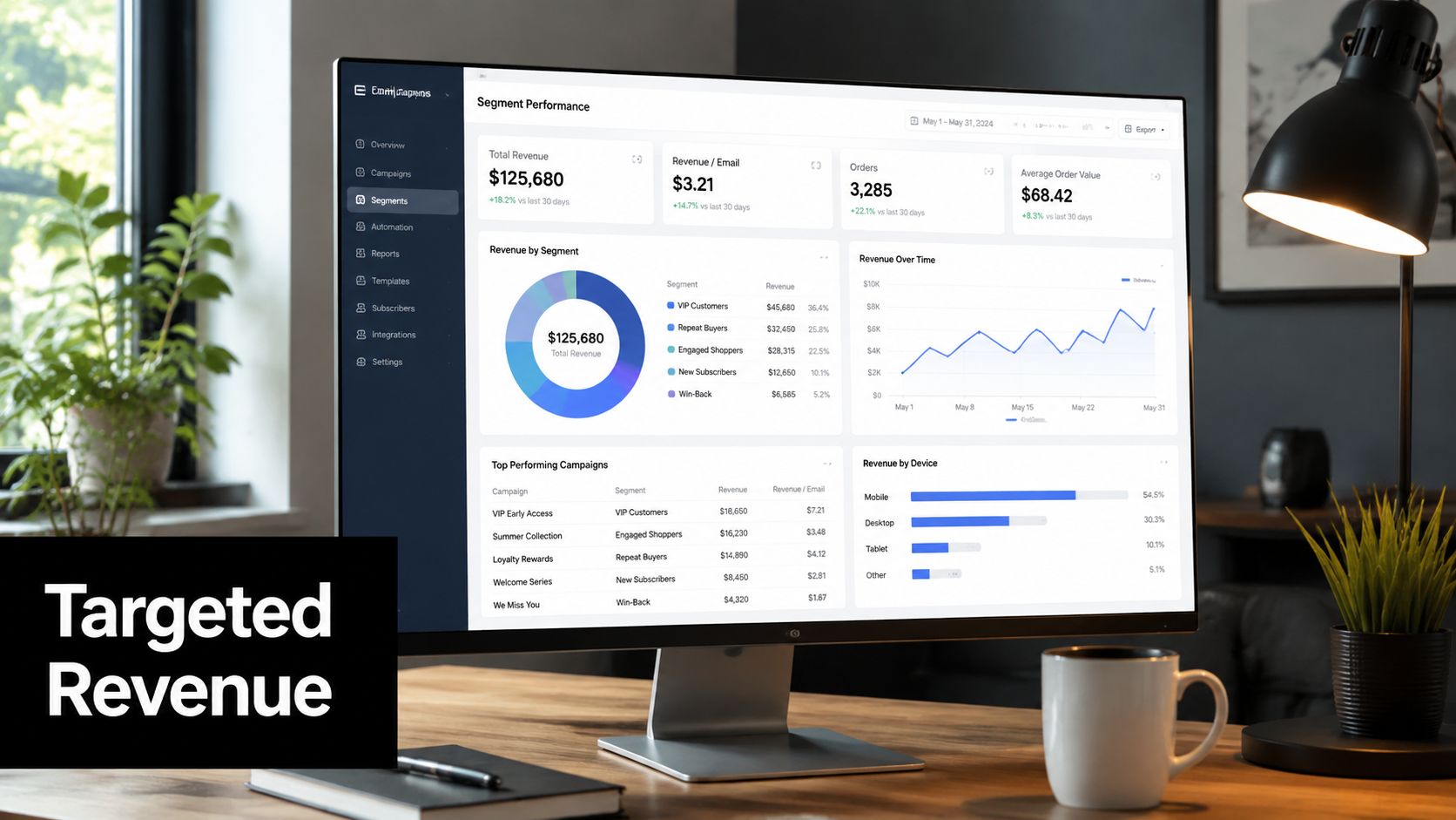 A modern computer monitor displaying an email marketing dashboard showing performance metrics, revenue charts, and segment data.