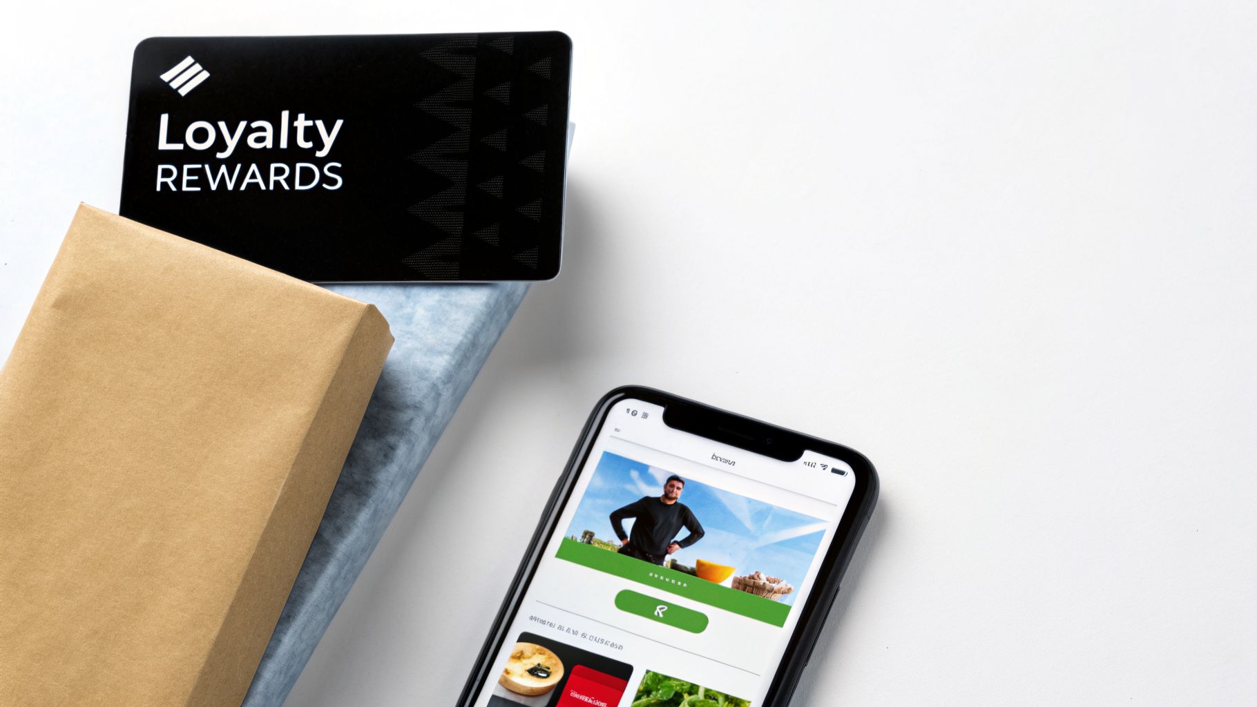 A loyalty rewards card, brown package, and smartphone displaying a shopping app on a white surface.