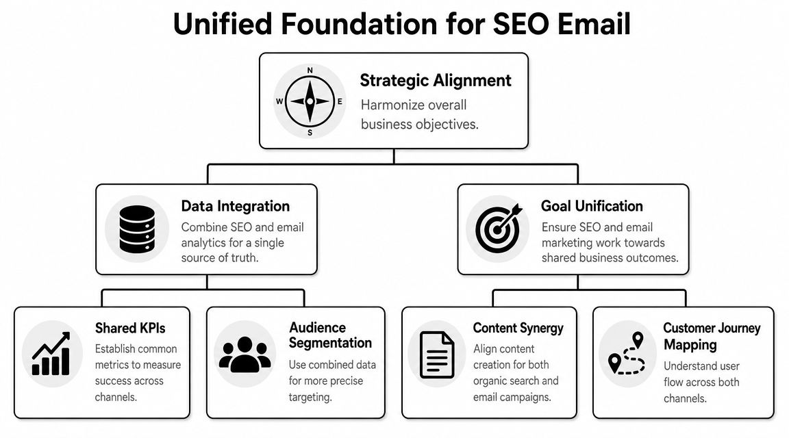 A diagram illustrating a unified foundation for integrating SEO and email marketing strategies for business growth.
