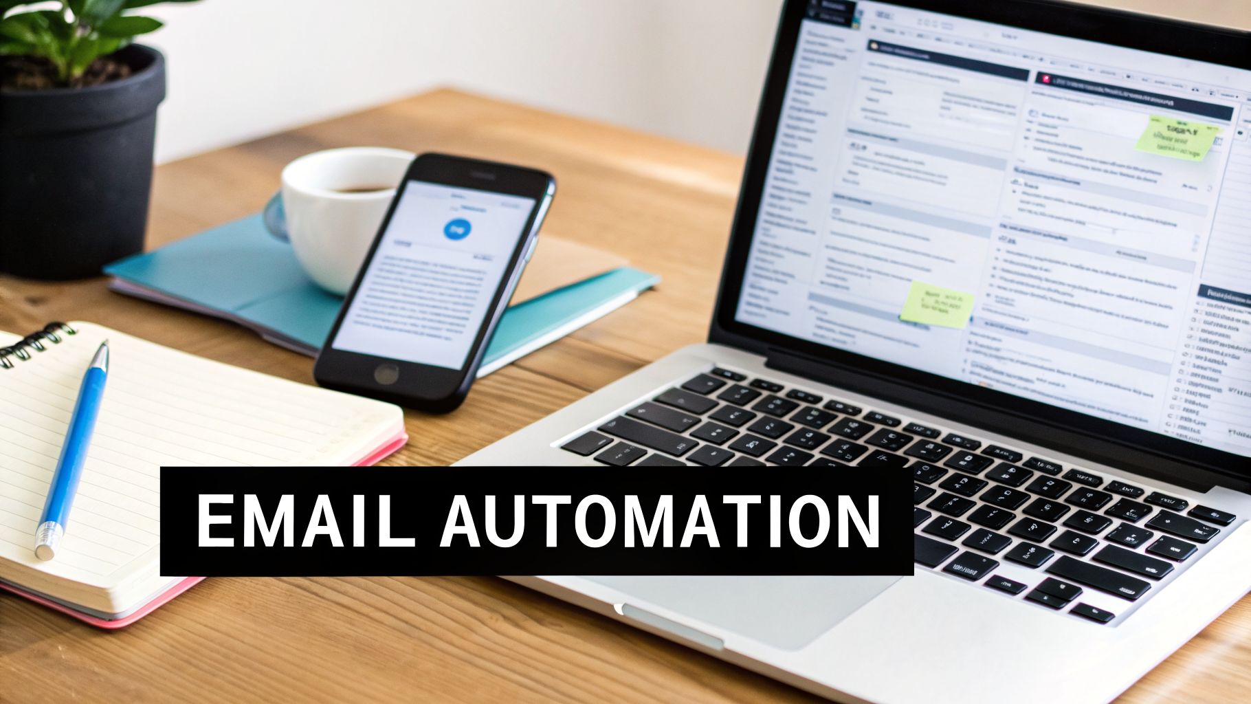 A modern workspace with a laptop, smartphone, and notebook, highlighted with 'EMAIL AUTOMATION' text.