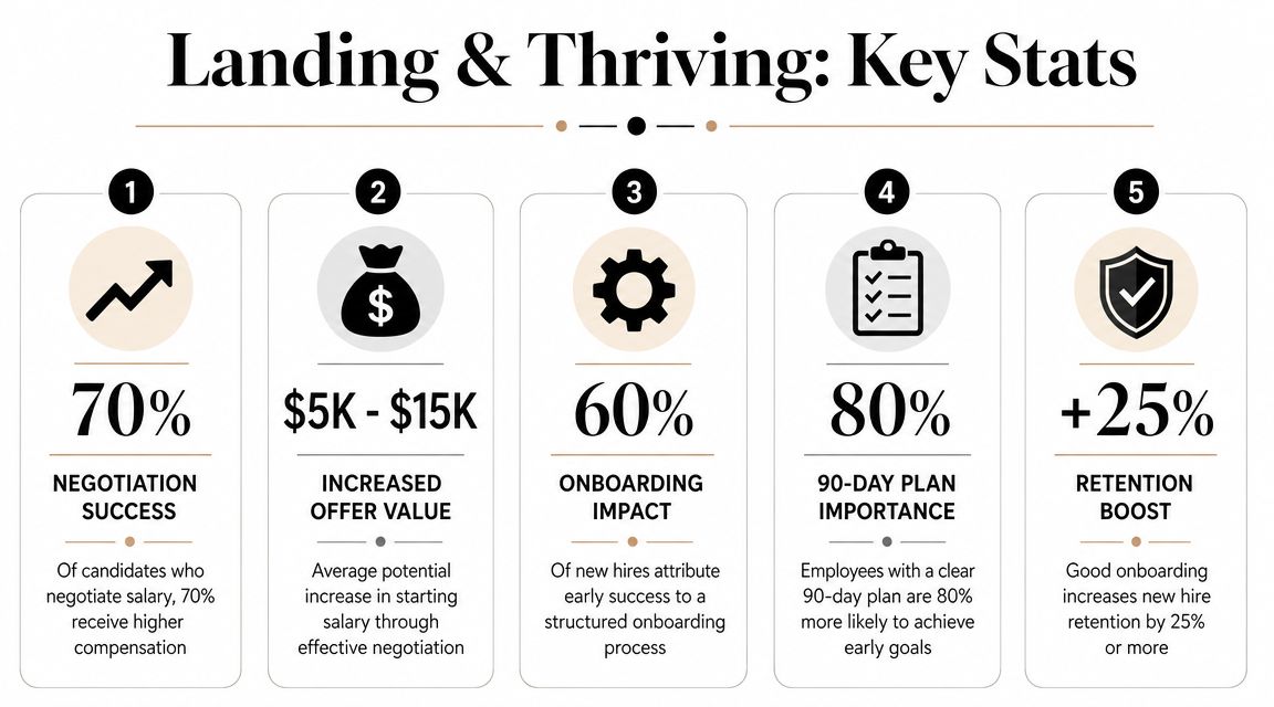 An infographic titled Landing and Thriving showcasing key statistics for career negotiation and successful onboarding.