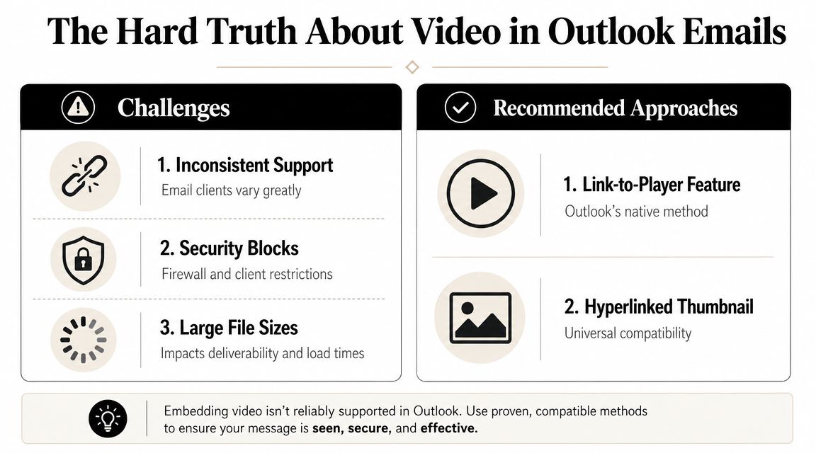 An infographic detailing the challenges and recommended methods for sharing videos within Outlook email messages.