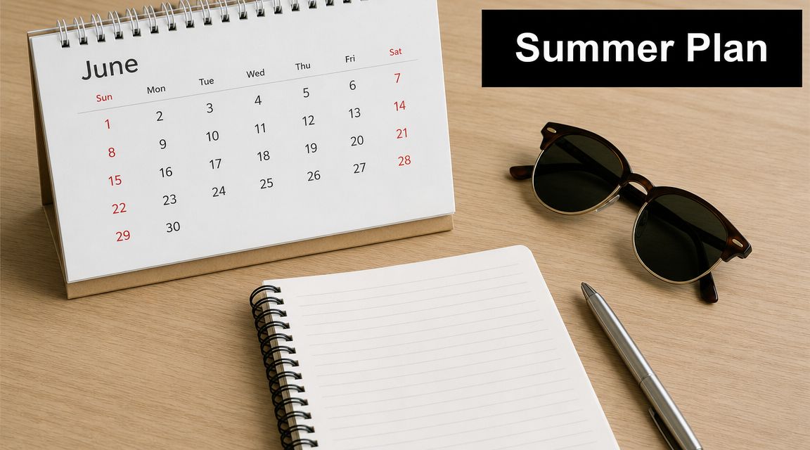 A calendar for June with sunglasses and a notepad on a wooden desk for summer planning.