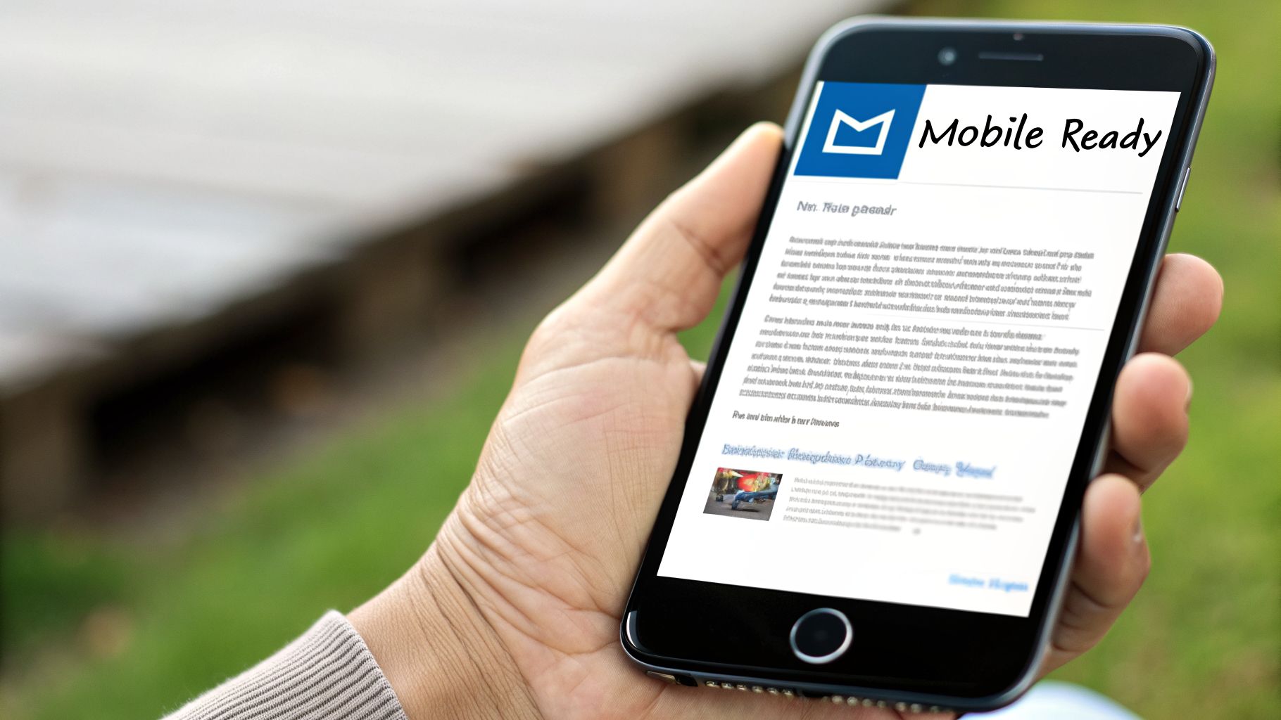 Hand holding a smartphone displaying a 'Mobile Ready' email or webpage with a mail icon, outdoors.